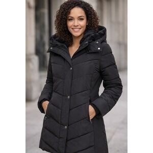 Andrew Marc Black Puffer Coat Faux Fur Hood Insulated Winter Jacket M NWOT